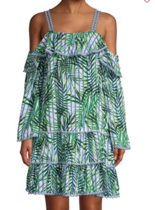 Red Carter Cover Up Dress Palm Party Print Crocheted Tiered Green Blue L NWT - Picture 4 of 8